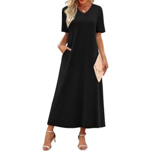 image:imageWIHOLL Womens Maxi Dresses V Neck Vacation Beach Sundresses Floral Travel Summer DressPlain Black
