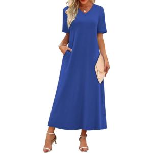 image:imageWIHOLL Womens Maxi Dresses V Neck Vacation Beach Sundresses Floral Travel Summer DressPlain Blue