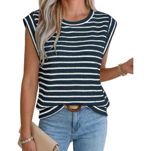 image:imageWIHOLL Womens Sleeveless Vest Striped Tops Muscle Tee Summer Outfits Business Casual T Shirts Trendy Textured Tank TopKnit  Navy Stripe