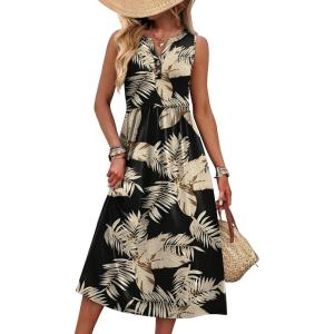 image:imageWIHOLL Womens Summer Dresses Maxi Dress Vacation Beach Sundresses 2026 with PocketsFloral Black Leaves