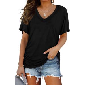 image:imageWIHOLL Womens Summer TShirts Short Sleeve V Neck Dolman Tops with Side Shirring Loose Fit Shirts Spring Fashion01black