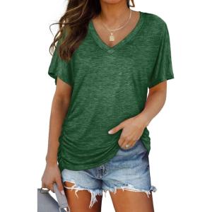 image:imageWIHOLL Womens Summer TShirts Short Sleeve V Neck Dolman Tops with Side Shirring Loose Fit Shirts Spring Fashion01green