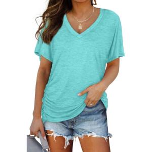 image:imageWIHOLL Womens Summer TShirts Short Sleeve V Neck Dolman Tops with Side Shirring Loose Fit Shirts Spring Fashion02aqua