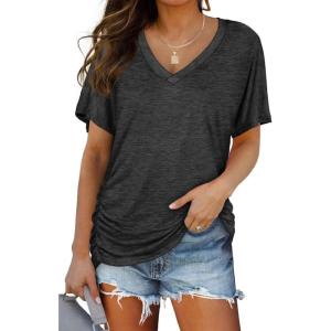 image:imageWIHOLL Womens Summer TShirts Short Sleeve V Neck Dolman Tops with Side Shirring Loose Fit Shirts Spring Fashion02dark Grey