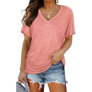 image:imageWIHOLL Womens Summer TShirts Short Sleeve V Neck Dolman Tops with Side Shirring Loose Fit Shirts Spring Fashion02pink