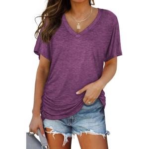 image:imageWIHOLL Womens Summer TShirts Short Sleeve V Neck Dolman Tops with Side Shirring Loose Fit Shirts Spring Fashion02purple