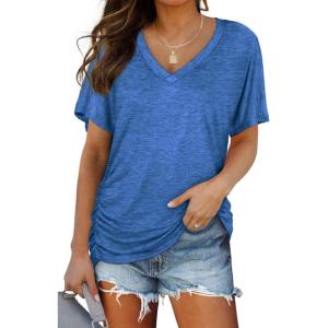 image:imageWIHOLL Womens Summer TShirts Short Sleeve V Neck Dolman Tops with Side Shirring Loose Fit Shirts Spring Fashion04blue