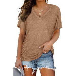 image:imageWIHOLL Womens Summer TShirts Short Sleeve V Neck Dolman Tops with Side Shirring Loose Fit Shirts Spring Fashion04coffee