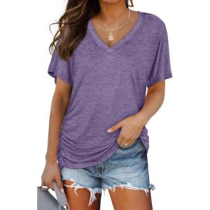 image:imageWIHOLL Womens Summer TShirts Short Sleeve V Neck Dolman Tops with Side Shirring Loose Fit Shirts Spring Fashion04light Purple