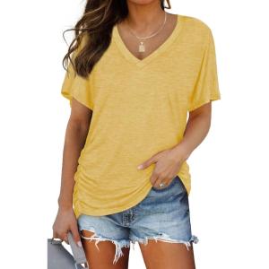 image:imageWIHOLL Womens Summer TShirts Short Sleeve V Neck Dolman Tops with Side Shirring Loose Fit Shirts Spring Fashion05yellow