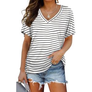 image:imageWIHOLL Womens Summer TShirts Short Sleeve V Neck Dolman Tops with Side Shirring Loose Fit Shirts Spring Fashion06black Stripes