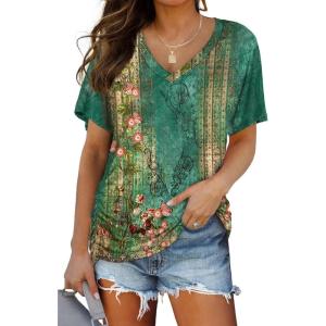 image:imageWIHOLL Womens Summer TShirts Short Sleeve V Neck Dolman Tops with Side Shirring Loose Fit Shirts Spring Fashion3floral Green