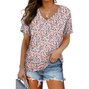image:imageWIHOLL Womens Summer TShirts Short Sleeve V Neck Dolman Tops with Side Shirring Loose Fit Shirts Spring Fashion3floral Pink