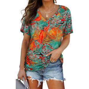 image:imageWIHOLL Womens Summer TShirts Short Sleeve V Neck Dolman Tops with Side Shirring Loose Fit Shirts Spring Fashion3hawaii Orange Blue