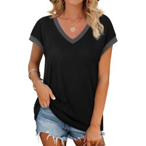 image:imageWIHOLL Womens Summer Tops 2026 Cap Short Sleeve Shirs V Neck T Shirts Fashion Beach Vacation Clothes Color BlockBlack