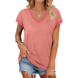 image:imageWIHOLL Womens Summer Tops 2026 Cap Short Sleeve Shirs V Neck T Shirts Fashion Beach Vacation Clothes Color BlockCoral