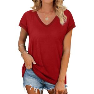 image:imageWIHOLL Womens Summer Tops 2026 Cap Short Sleeve Shirs V Neck T Shirts Fashion Beach Vacation Clothes Color BlockDark Red