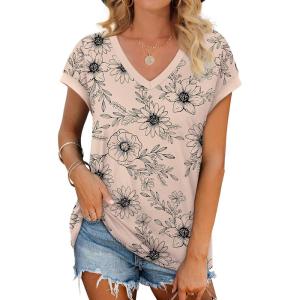 image:imageWIHOLL Womens Summer Tops 2026 Cap Short Sleeve Shirs V Neck T Shirts Fashion Beach Vacation Clothes Color BlockPrint Beige