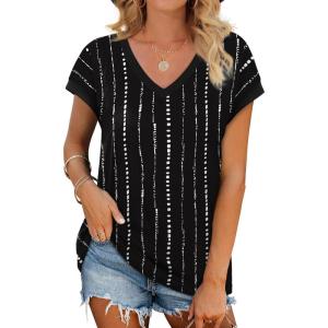 image:imageWIHOLL Womens Summer Tops 2026 Cap Short Sleeve Shirs V Neck T Shirts Fashion Beach Vacation Clothes Color BlockPrint Black