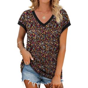 image:imageWIHOLL Womens Summer Tops 2026 Cap Short Sleeve Shirs V Neck T Shirts Fashion Beach Vacation Clothes Color BlockPrint Black Floral