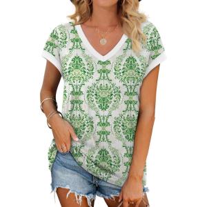 image:imageWIHOLL Womens Summer Tops 2026 Cap Short Sleeve Shirs V Neck T Shirts Fashion Beach Vacation Clothes Color BlockPrint Green