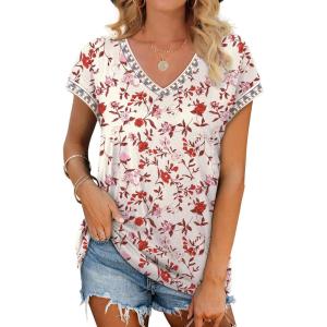 image:imageWIHOLL Womens Summer Tops 2026 Cap Short Sleeve Shirs V Neck T Shirts Fashion Beach Vacation Clothes Color BlockPrint Pink