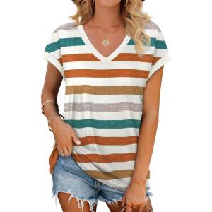 image:imageWIHOLL Womens Summer Tops 2026 Cap Short Sleeve Shirs V Neck T Shirts Fashion Beach Vacation Clothes Color BlockPrint Striped Orange