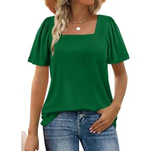 image:imageWIHOLL Womens Summer Tops Casual Square Neck Puff Short Sleeve T Shirts0green
