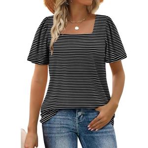image:imageWIHOLL Womens Summer Tops Casual Square Neck Puff Short Sleeve T Shirts1black Stripes