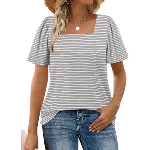 image:imageWIHOLL Womens Summer Tops Casual Square Neck Puff Short Sleeve T Shirts1grey Stripes