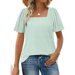 image:imageWIHOLL Womens Summer Tops Casual Square Neck Puff Short Sleeve T Shirts3aqua Stripes