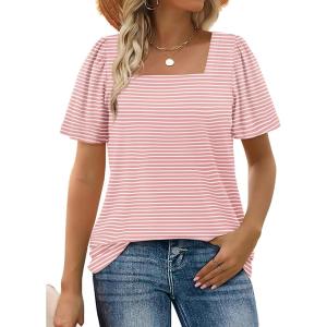 image:imageWIHOLL Womens Summer Tops Casual Square Neck Puff Short Sleeve T Shirts3pink Stripes