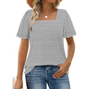 image:imageWIHOLL Womens Summer Tops Casual Square Neck Puff Short Sleeve T Shirts3white Stripes