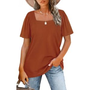 image:imageWIHOLL Womens Summer Tops Casual Square Neck Puff Short Sleeve T Shirts5caramel