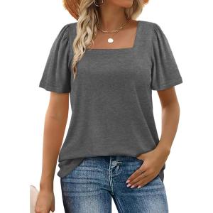 image:imageWIHOLL Womens Summer Tops Casual Square Neck Puff Short Sleeve T Shirts5dark Grey