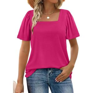 image:imageWIHOLL Womens Summer Tops Casual Square Neck Puff Short Sleeve T Shirts5deep Pink