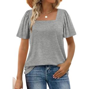 image:imageWIHOLL Womens Summer Tops Casual Square Neck Puff Short Sleeve T Shirts5grey