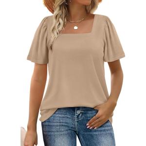 image:imageWIHOLL Womens Summer Tops Casual Square Neck Puff Short Sleeve T Shirts5khaki