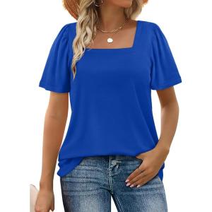 image:imageWIHOLL Womens Summer Tops Casual Square Neck Puff Short Sleeve T Shirts5klein Blue