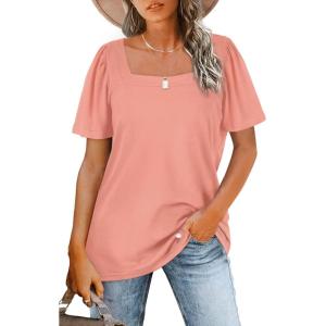 image:imageWIHOLL Womens Summer Tops Casual Square Neck Puff Short Sleeve T Shirts5pink