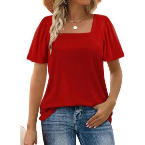 image:imageWIHOLL Womens Summer Tops Casual Square Neck Puff Short Sleeve T Shirts5red