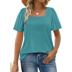image:imageWIHOLL Womens Summer Tops Casual Square Neck Puff Short Sleeve T Shirts5turquoise