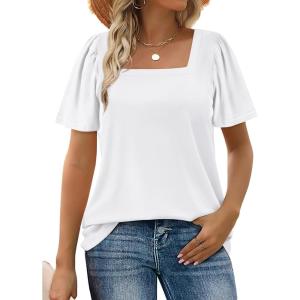 image:imageWIHOLL Womens Summer Tops Casual Square Neck Puff Short Sleeve T Shirts5white