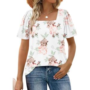 image:imageWIHOLL Womens Summer Tops Casual Square Neck Puff Short Sleeve T Shirts6floral White