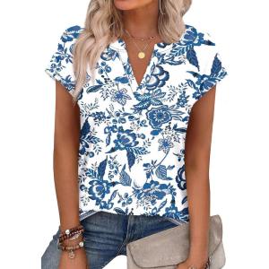 image:imageWIHOLL Womens Summer Tops V Neck T Shirts Cap Sleeve Business Casual Outfits Loose Fit Beach Vacation Clothes Basic Tees1blue White Ethnic