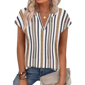 image:imageWIHOLL Womens Summer Tops V Neck T Shirts Cap Sleeve Business Casual Outfits Loose Fit Beach Vacation Clothes Basic Tees1retro Stripes