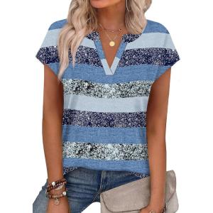 image:imageWIHOLL Womens Summer Tops V Neck T Shirts Cap Sleeve Business Casual Outfits Loose Fit Beach Vacation Clothes Basic Tees2blue Gray Stripes