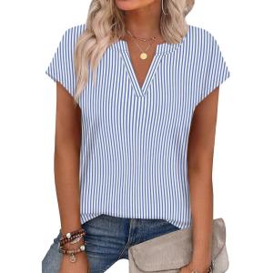 image:imageWIHOLL Womens Summer Tops V Neck T Shirts Cap Sleeve Business Casual Outfits Loose Fit Beach Vacation Clothes Basic Tees2blue White Stripes