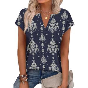 image:imageWIHOLL Womens Summer Tops V Neck T Shirts Cap Sleeve Business Casual Outfits Loose Fit Beach Vacation Clothes Basic Tees2navy Ethnic Print