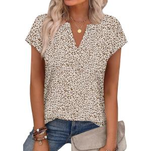 image:imageWIHOLL Womens Summer Tops V Neck T Shirts Cap Sleeve Business Casual Outfits Loose Fit Beach Vacation Clothes Basic Tees4khaki Leopard